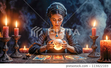Tarot reader chooses Tarot cards. Fortune teller reads cards 113822103