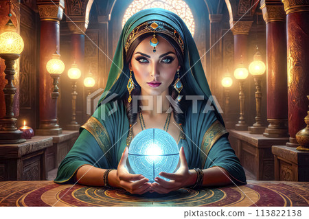 A beautiful mysterious fortune teller with piercing eyes predicts fate on a magic ball A beautiful mysterious fortune teller with piercing eyes predicts fate on a magic ball 113822138