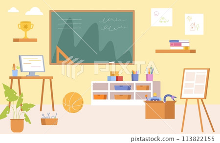 Kids workshop room. Kindergarten or school class for elementary. Zone with chalkboard, easel, toys and tools. Cartoon interior vector background 113822155