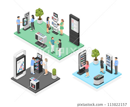 Isometric exhibition. Abstract promotional event with promoters, marketing workers and visitors. Company demo displays, flawless vector scene Isometric exhibition. Abstract promotional event with promoters, marketing workers and visitors. Company demo displays, flawless vector scene 113822157