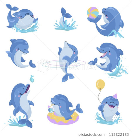 Cartoon dolphins. Funny dolphin play, jump and eat. Entertainment show animal artist in different poses. Cute underwater characters nowaday vector set Cartoon dolphins. Funny dolphin play, jump and eat. Entertainment show animal artist in different poses. Cute underwater characters nowaday vector set 113822183