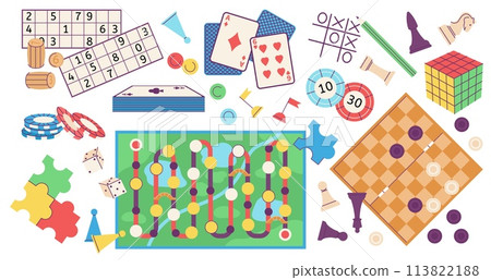 Board games cartoon set. Chess and puzzle, game cards and bones. Various types equipment for leisure and friends meet, decent vector collection Board games cartoon set. Chess and puzzle, game cards and bones. Various types equipment for leisure and friends meet, decent vector collection 113822188