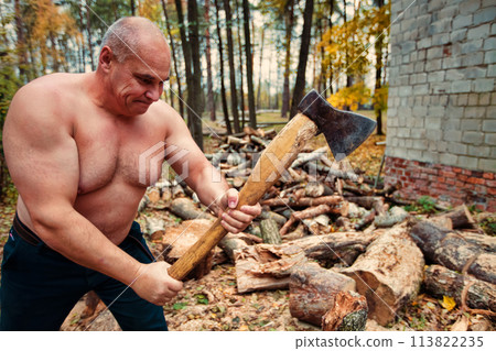 A strong man chopping wood. 113822235