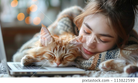 A girl work over laptop with a cat sleeping close. 113822599