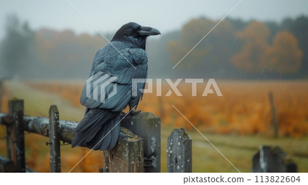 A raven sits on a fence on a gloomy November day against a stormy sky. Countryside, fields, forest on the horizon. Gloomy tones, storm. Light fog. 113822604