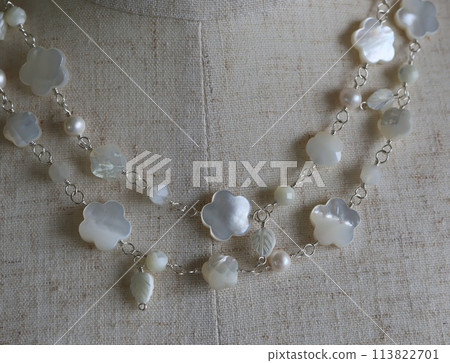 Shell (white butterfly shell), freshwater pearl, and moonstone long necklace Shell (white butterfly shell), freshwater pearl, and moonstone long necklace 113822701