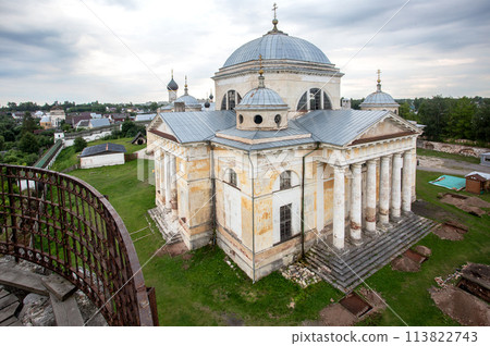 View on Borisoglebsky Cathedral from Candle (Svechnaya) Tower in Novotorzhsky Borisoglebsky Monastery in Torzhok, Russia 113822743