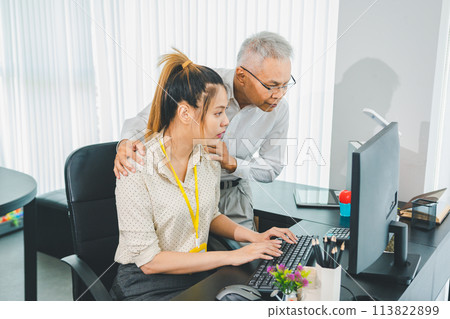 Boss or supervisor touching female employee's shoulder Causing young employees to resist because they are uncomfortable and afraid of being sexually abused. Concept of sexual harassment in the 113822899