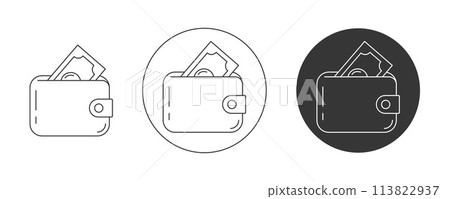 Wallet with cash, vector icon set, editable stroke. Purse with money dollar banknote, flat line, pictogram. Finance and business concept. For app, website, ui. Isolated background. Wallet with cash, vector icon set, editable stroke. Purse with money dollar banknote, flat line, pictogram. Finance and business concept. For app, website, ui. Isolated background. 113822937