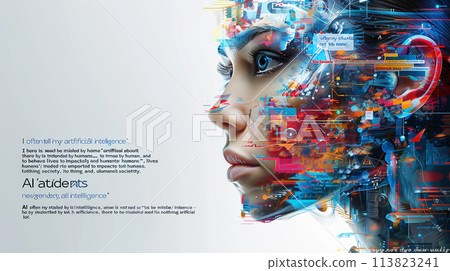 AI, Machine learning, beautiful woman robot with digital technology on brain concept machine deep learning, science artificial intelligence technology network exchange futuristic innovation. 113823241