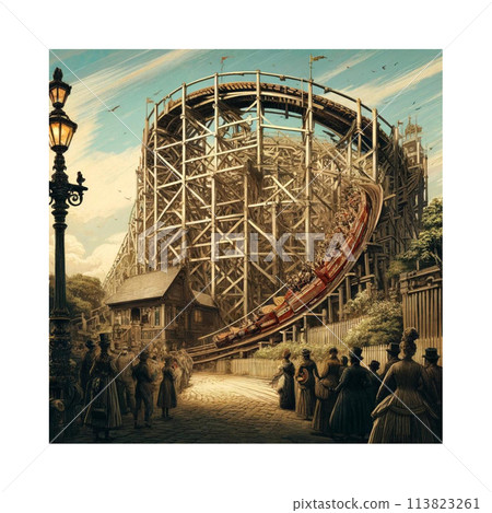 一排遊客看著雲霄飛車，讓人想起維多利亞時代，AI 創作的插圖 113823261