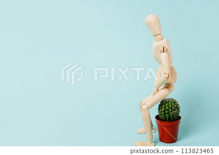 Haemorrhoids. wooden man sitting on a cactus.Vascular structures in the lower part of the rectum and acute pain concept, blue background with copy space Haemorrhoids. wooden man sitting on a cactus.Vascular structures in the lower part of the rectum and acute pain concept, blue background with copy space 113823465