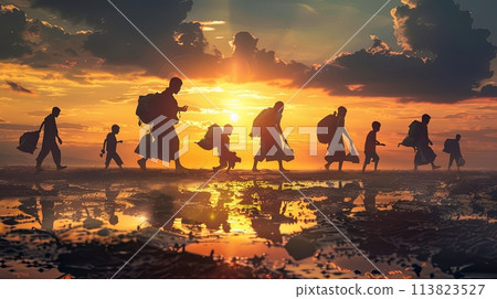 World Refugee Day, people cross the border with things at sunset 113823527