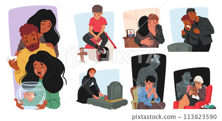 Grieving Characters Experience Profound Sadness, Sorrow, Disbelief, And Longing After A Death Of Loving People Or Pets Grieving Characters Experience Profound Sadness, Sorrow, Disbelief, And Longing After A Death Of Loving People Or Pets 113823590