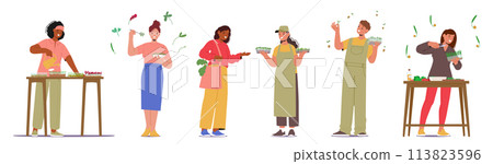Microgreens Enthusiasts, Health-conscious Characters Using Micro Green Nutrients in Dishes With Their Vibrant Colors Microgreens Enthusiasts, Health-conscious Characters Using Micro Green Nutrients in Dishes With Their Vibrant Colors 113823596