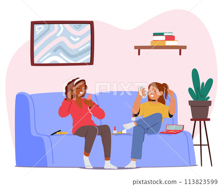 Teenage Girls Experiment With Makeup At Home, Blending Colors, Perfecting Eyeliner, And Mastering Techniques 113823599