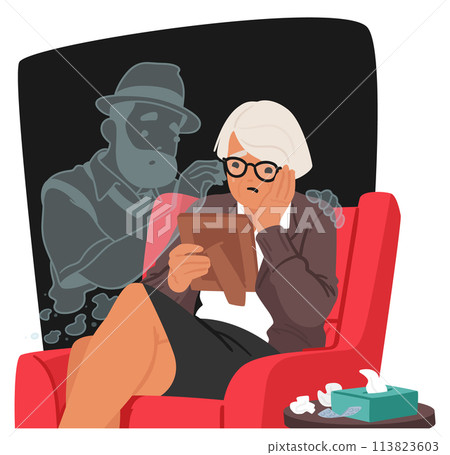 Old Woman Cradles A Faded Photograph, Tears Tracing The Lines Of Her Face As She Mourns Her Departed Husband Old Woman Cradles A Faded Photograph, Tears Tracing The Lines Of Her Face As She Mourns Her Departed Husband 113823603
