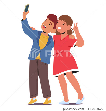 Two Kids Boy And Girl Characters Grinning Widely, Heads Close Together, Capturing A Joyous Moment In A Playful Selfie 113823622
