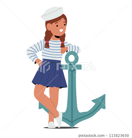 Young Girl Character In A Sailor Costume Leans Gracefully Against An Anchor, Her Eyes Bright With Innocence And Wonder Young Girl Character In A Sailor Costume Leans Gracefully Against An Anchor, Her Eyes Bright With Innocence And Wonder 113823630