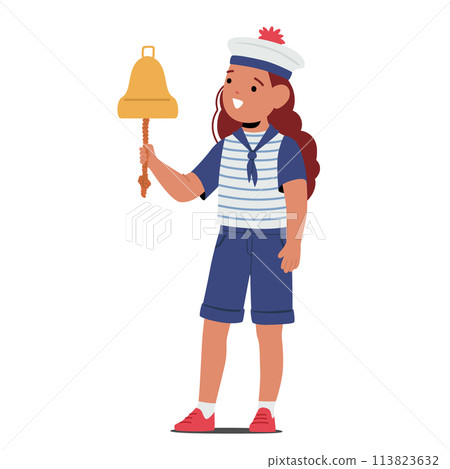 Child Girl Character Dressed In Sailor Costume Joyfully Rings A Bell, Eyes Gleaming With Excitement, Vector Illustration Child Girl Character Dressed In Sailor Costume Joyfully Rings A Bell, Eyes Gleaming With Excitement, Vector Illustration 113823632