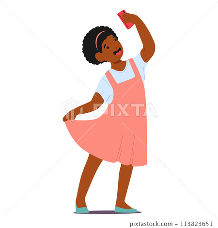 Girl With A Bright Smile, Holding Up Her Phone, Capturing A Joyful Moment In A Selfie, Radiating Innocence And Happiness 113823651