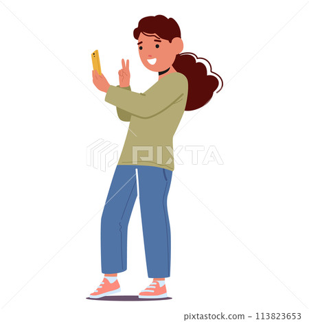 Young Girl Excitedly Captures Her Moment, Phone In Hand, Bright Smile Lighting Up Her Face As She Takes A Playful Selfie 113823653