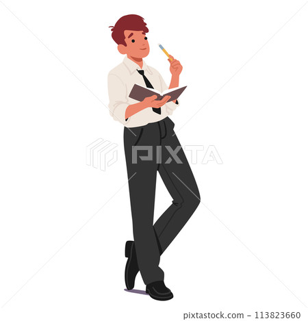 Man Reading Concept. Young Character Stands Absorbed, Book In Hand, Jotting Notes, Cartoon People Vector Illustration Man Reading Concept. Young Character Stands Absorbed, Book In Hand, Jotting Notes, Cartoon People Vector Illustration 113823660
