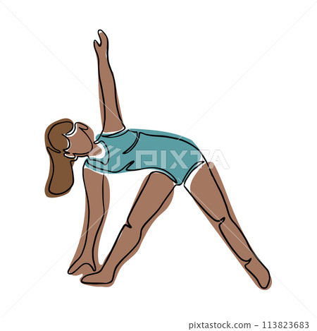 Young black woman in yoga pose. Boho style. Contour vector composition isolated on white background. Hand drawn single line icon of female body doing yoga exercises 113823683