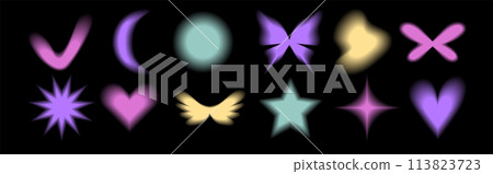 Set y2k aura. Blurred heart, butterfly and stars with aura in trendy style y2k. 113823723