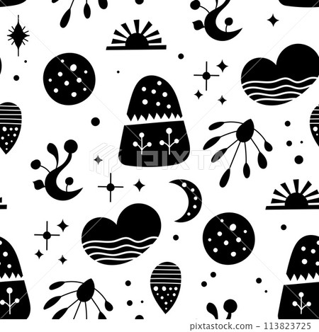 Seamless neo folk art vector pattern with mountains, moon and flowers, black and white floral design. Neo folk style endless background perfect for textile design. Seamless neo folk art vector pattern with mountains, moon and flowers, black and white floral design. Neo folk style endless background perfect for textile design. 113823725