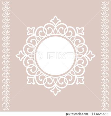 Decorative frame Elegant vector element for design in Eastern style, place for text. Floral pink and white border. Lace illustration for invitations and greeting cards 113823888