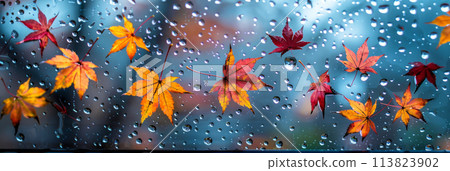 A beautiful autumn leaves falling on a window AI-generated item A beautiful autumn leaves falling on a window AI-generated item 113823902