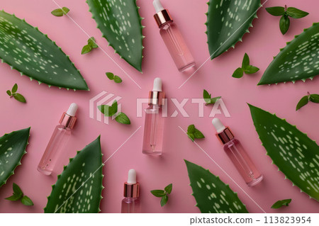 Natural Aloe Vera Gel and Bottles on Pink Background for Skincare  AI-generated item 113823954