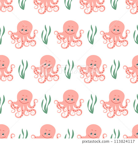 Cute octopus seamless pattern. Fashionable template with sea creatures for wrapping paper, wallpaper, stickers, textiles. 113824117