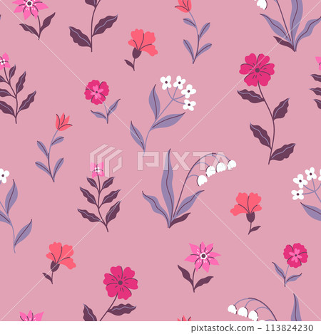 Seamless pattern in pink, red, purple and white colors with cute flowers. Vector graphics. 113824230