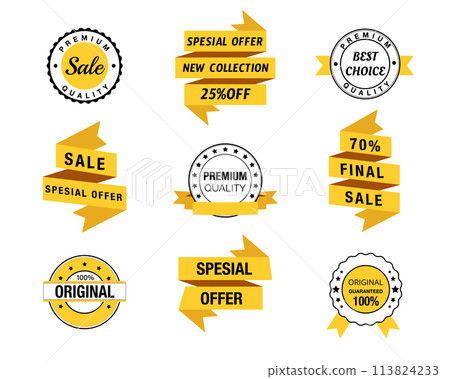 Ribbon sale banners isolated. Set of Price tag and best sale element. Discount label design, sale 113824233