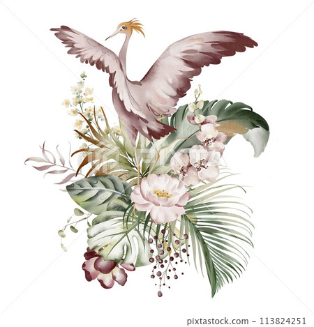 Pink ibis with tropical flowers and leaves. Watercolor illustration of a flamingo. Waterfowl of the American park. Exotic animal on a white background. Monstera, orchid and banana leaf. Pink ibis with tropical flowers and leaves. Watercolor illustration of a flamingo. Waterfowl of the American park. Exotic animal on a white background. Monstera, orchid and banana leaf. 113824251