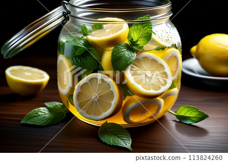 lemon slices marinated in sugar syrup 113824260
