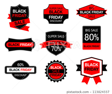 Ribbons and sale banners set. Black Friday day. Sale. Discount Ribbons and sale banners set. Black Friday day. Sale. Discount 113824337