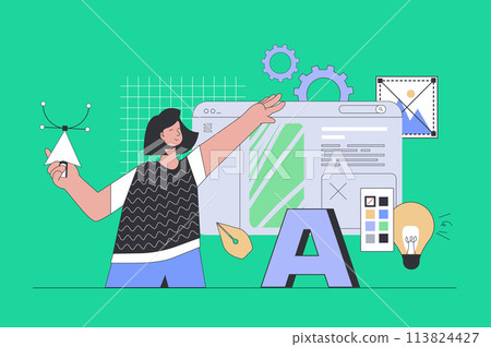 Web designing concept in modern flat design. Woman creating new interface layout, editing wireframe template and working with project. Vector illustration for social media banner, marketing material. 113824427