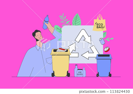 Waste management concept in modern flat design for web. Man collecting and separating trash, recycle garbage, using glass and eco bag. Vector illustration for social media banner, marketing material. Waste management concept in modern flat design for web. Man collecting and separating trash, recycle garbage, using glass and eco bag. Vector illustration for social media banner, marketing material. 113824430
