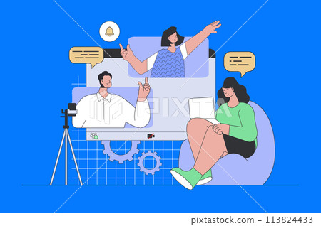 Video communication concept in modern flat design for web. Woman connecting with friends and colleagues online, using zoom for meeting. Vector illustration for social media banner, marketing material. 113824433
