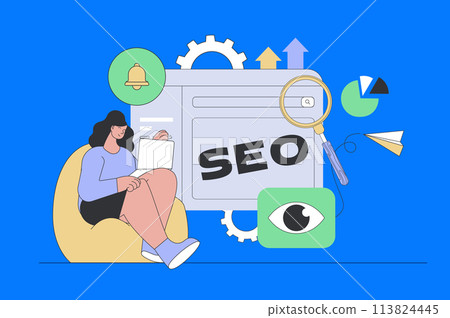 SEO optimization concept in modern flat design for web. Woman making data research, improving traffic and site ranking for internet. Vector illustration for social media banner, marketing material. 113824445