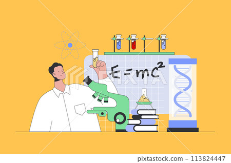 Science laboratory concept in modern flat design for web. Man making lab tests at flask and microscope, making professional expertise. Vector illustration for social media banner, marketing material. 113824447