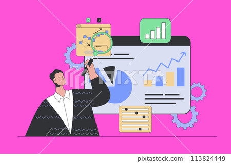 Research analysis concept in modern flat design for web. Man with magnifier monitoring chart and graph, analyzing data and accounting. Vector illustration for social media banner, marketing material. 113824449