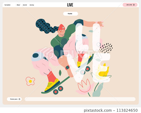 Life Unframed: Skateboarder -modern flat vector concept illustration of skater jumping above flowers. Metaphor of unpredictability, imagination, whimsy, cycle of existence, play, growth and discovery 113824650