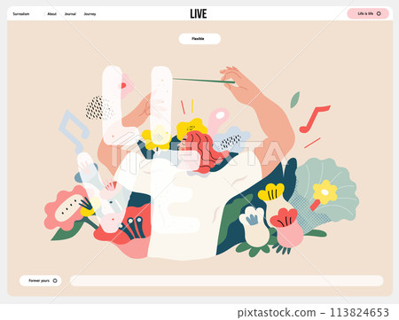 Life Unframed: Flower orchestra -modern flat vector concept illustration of symphony conductor, bloom music. Metaphor of unpredictability, imagination, whimsy, existence cycle, play, growth, discovery 113824653