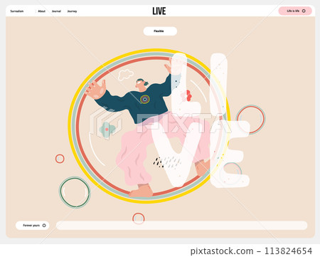 Life Unframed: Bubble -modern flat vector concept illustration of a man flying in the giant bubble. Metaphor of unpredictability, imagination, whimsy, cycle of existence, play, growth and discovery 113824654