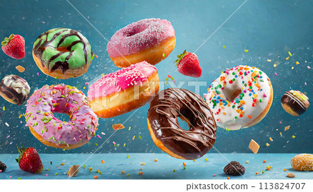 Colorful doughnuts in motion on blue background 113824707