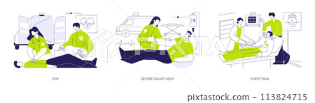 First aid in emergency situations abstract concept vector illustrations. First aid in emergency situations abstract concept vector illustrations. 113824715